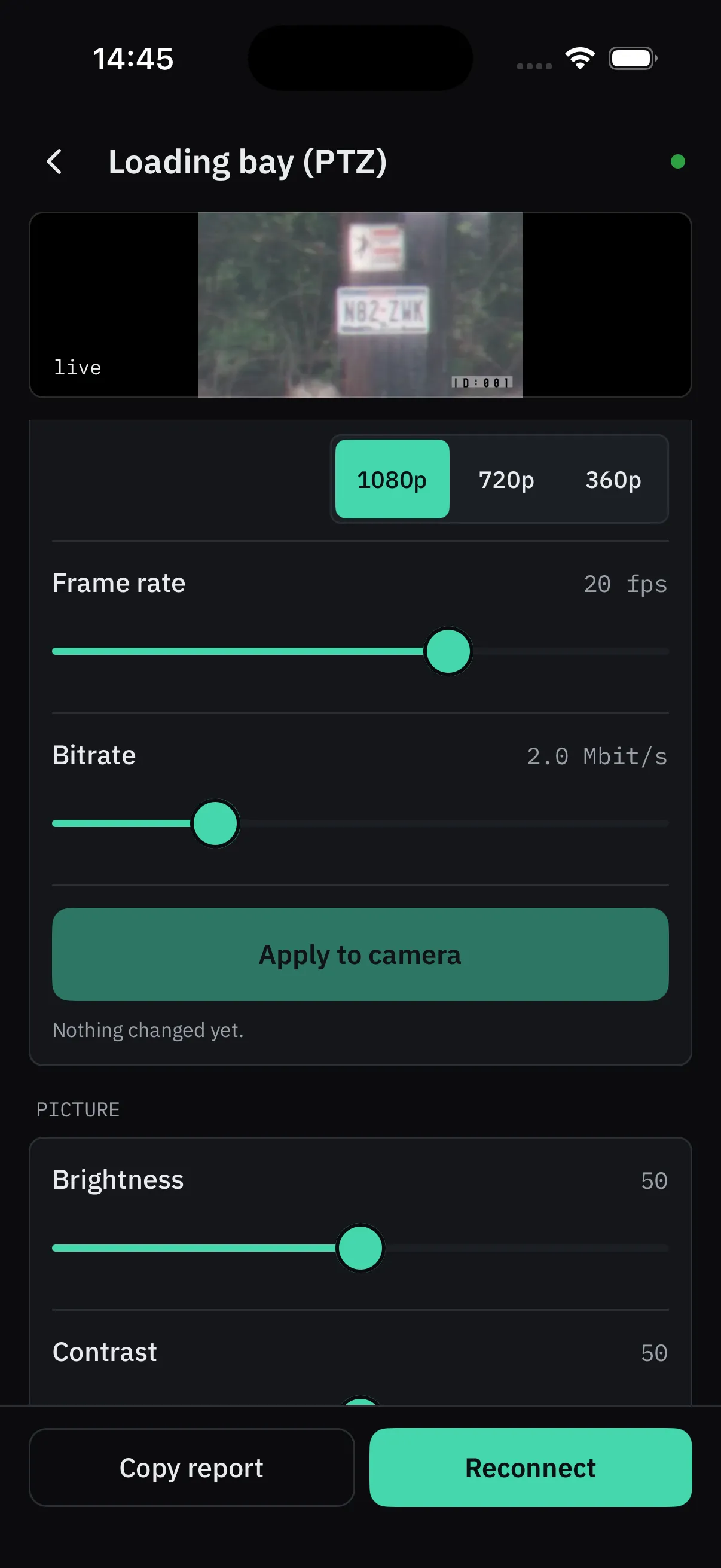 Further down a camera’s settings screen: the resolution the camera offers (1080p, 720p, 360p), frame rate, bitrate, an Apply to camera button, then the picture controls — brightness and contrast sliders.