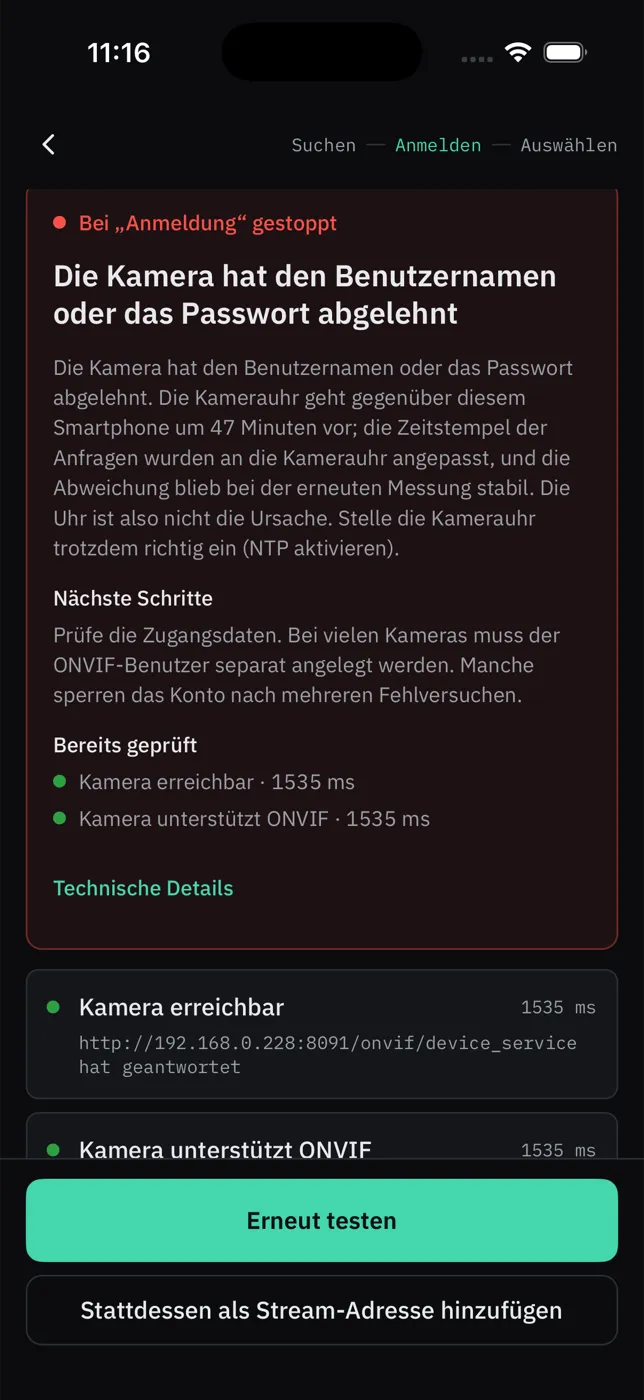 The app’s connection-failure card in Deutsch: the camera rejected the username or password, what to do, and what was already checked.