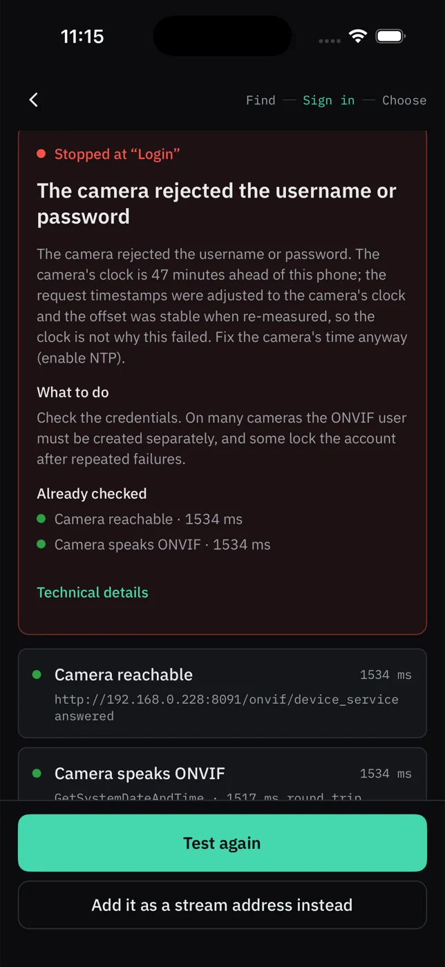 The app’s connection-failure card in English: the camera rejected the username or password, what to do, and what was already checked.