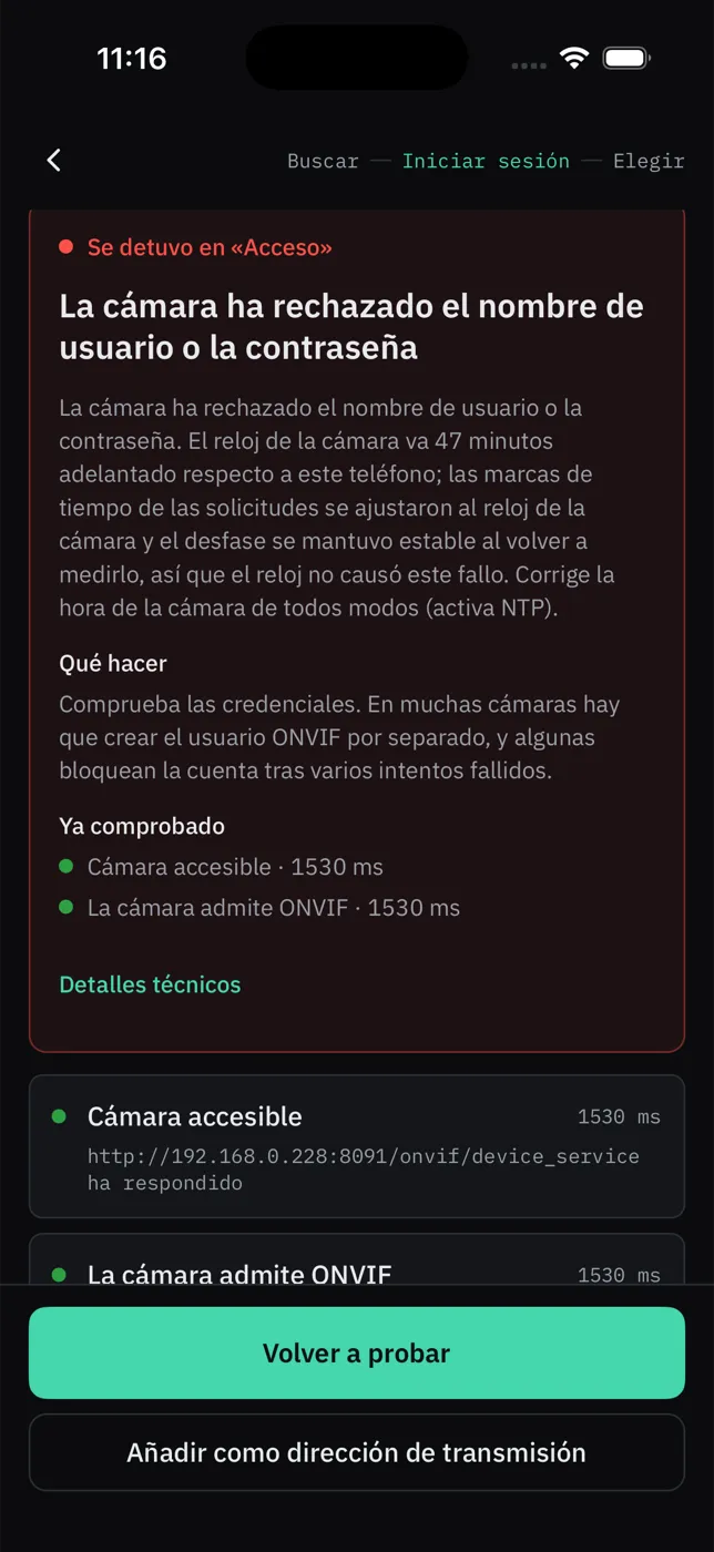 The app’s connection-failure card in Español: the camera rejected the username or password, what to do, and what was already checked.
