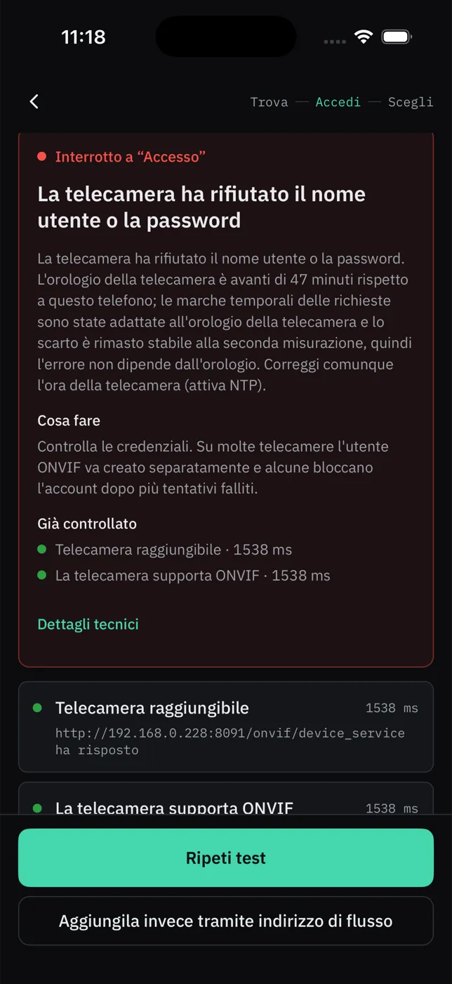 The app’s connection-failure card in Italiano: the camera rejected the username or password, what to do, and what was already checked.