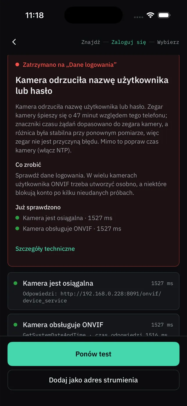 The app’s connection-failure card in Polski: the camera rejected the username or password, what to do, and what was already checked.