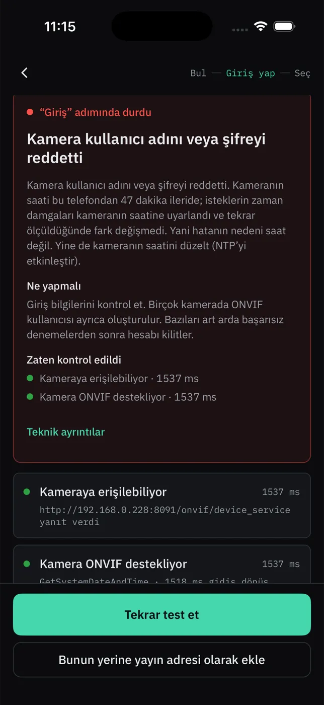 The app’s connection-failure card in Türkçe: the camera rejected the username or password, what to do, and what was already checked.