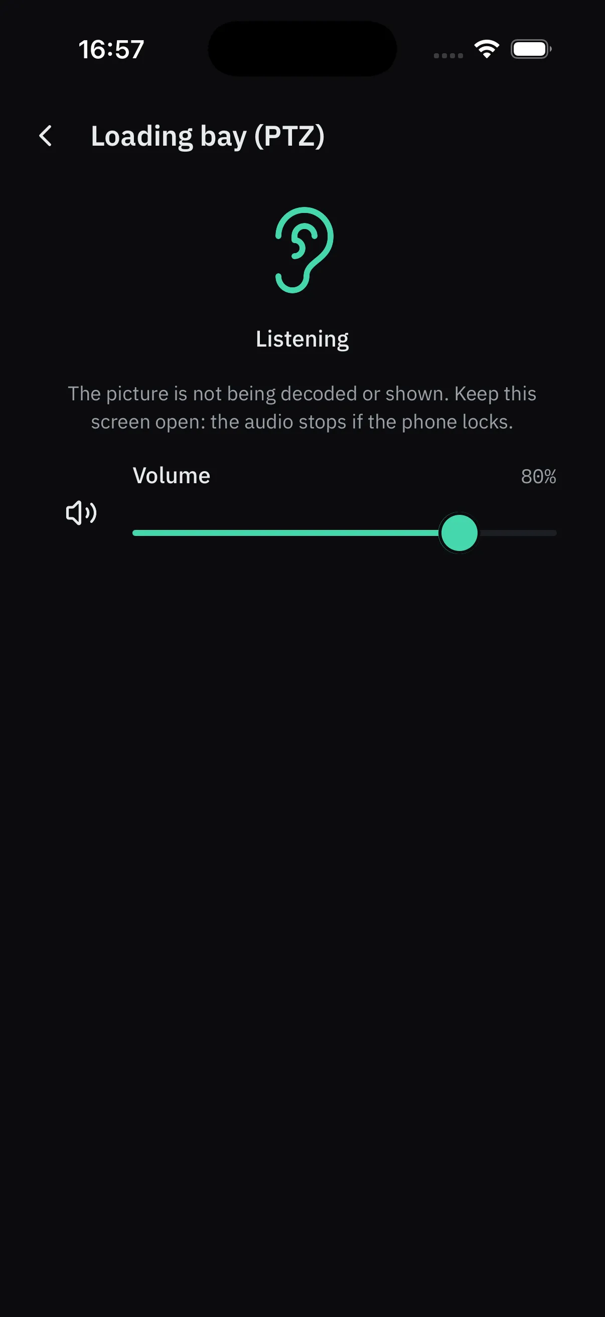 Die Seite „Zuhören“: „Audio an“, ein Hinweis, dass das Bild weder dekodiert noch angezeigt wird und der Ton beim Sperren des Smartphones stoppt, sowie ein Lautstärkeregler auf 80%.