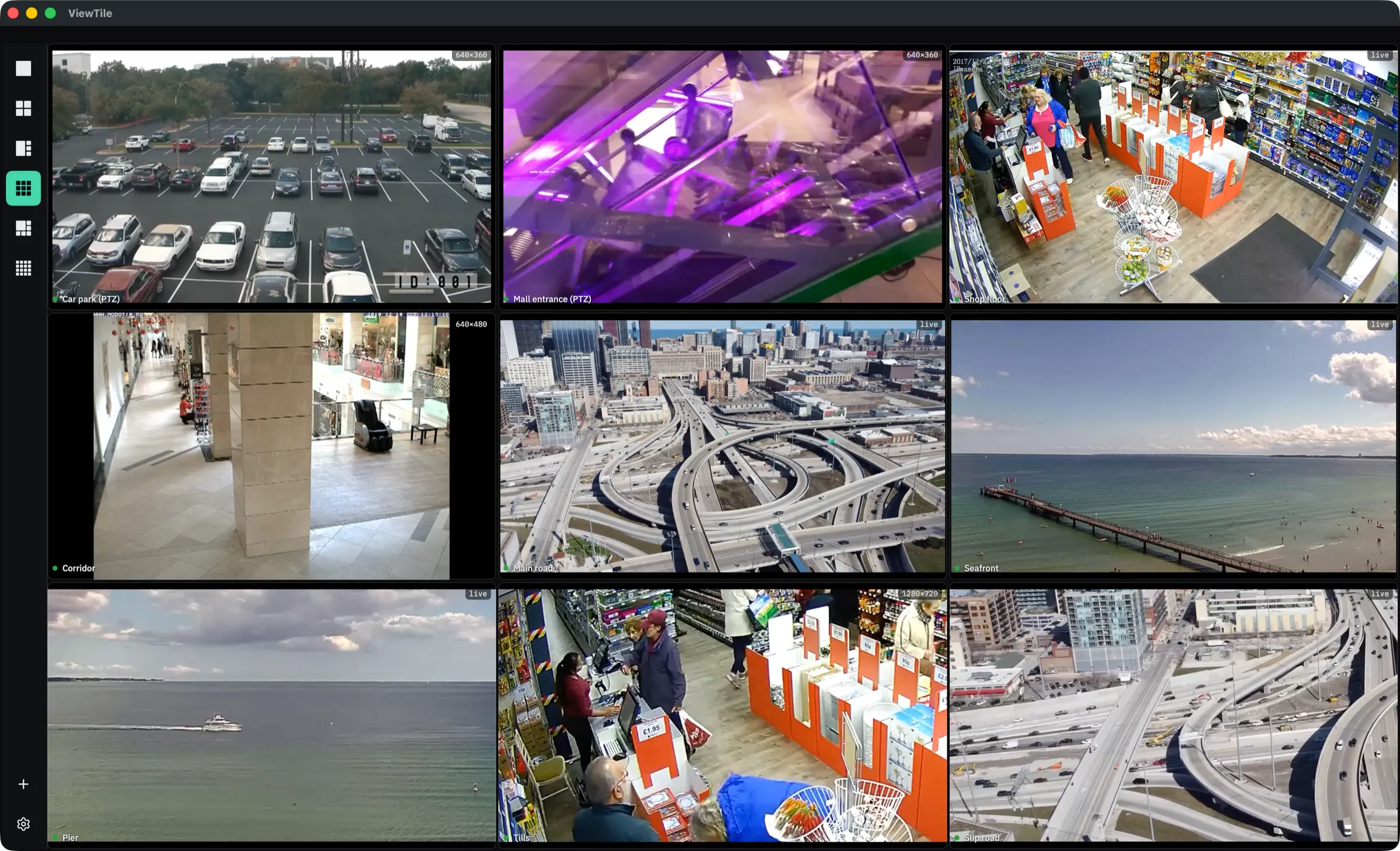 ViewTile in a window on a Mac: a three-by-three wall of nine live cameras, with the layout buttons down the left side.