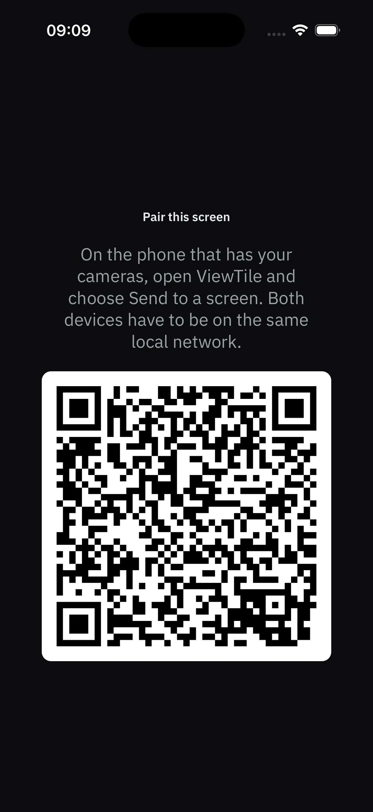 Telefonun okuması için QR kodu gösteren eşleştirme ekranı.