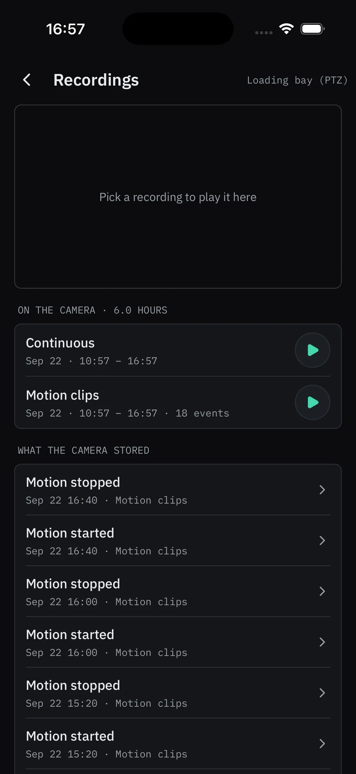 The Recordings screen for a camera: on the camera, six hours of continuous recording and eighteen motion clips, then the list of what the camera stored with times.