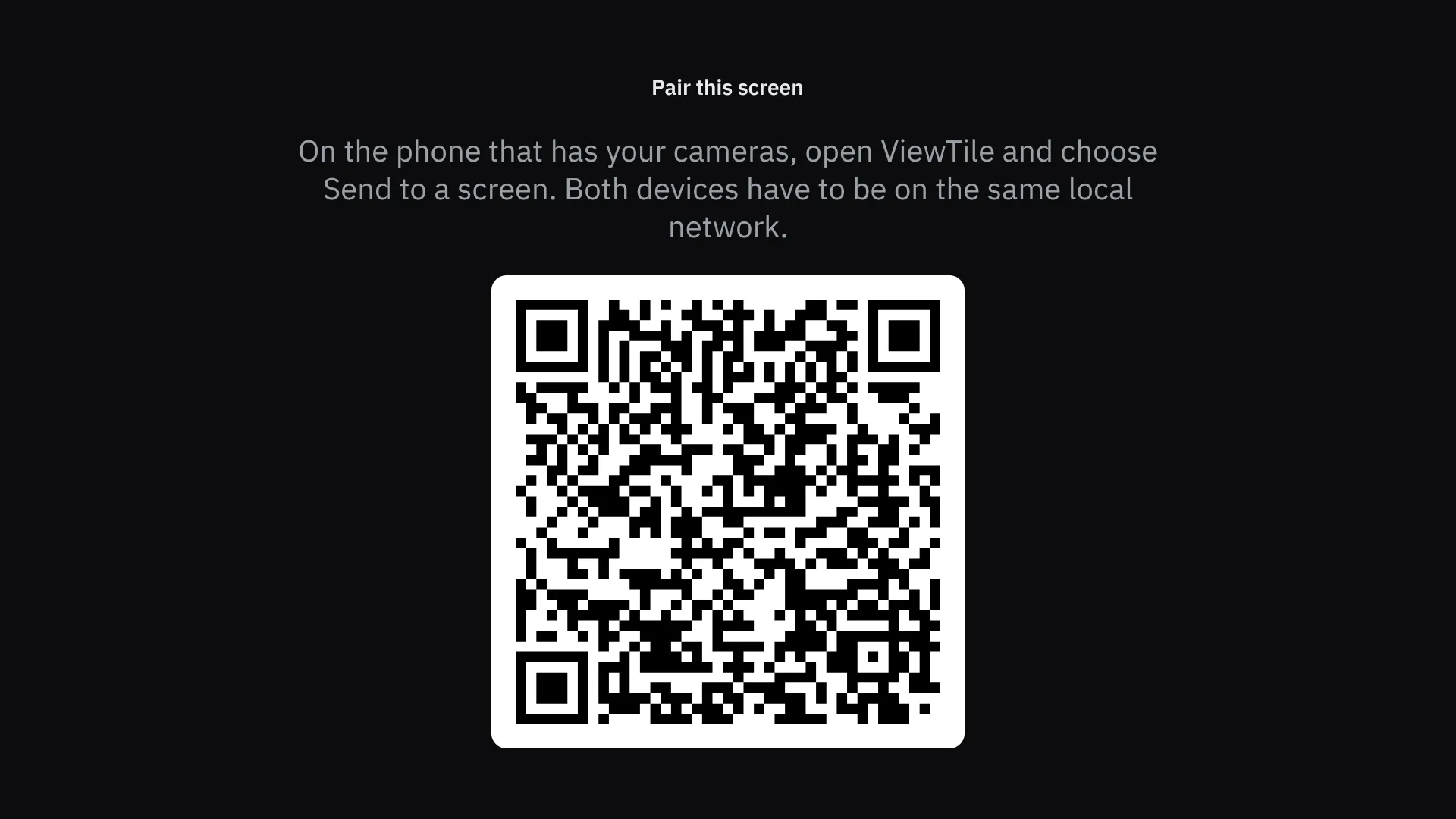 The pairing screen on an Android TV: “Pair this screen”, a sentence telling you to choose Send to a screen on the phone, and a large code for the phone to read.